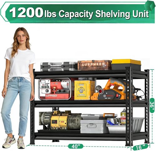 Metal Storage Garage Shelving - Heavy Duty Steel Utility Rack | 3-Tier Adjustable, 1,200 Lbs Capacity, Black 40" W x 16" D x 36" H