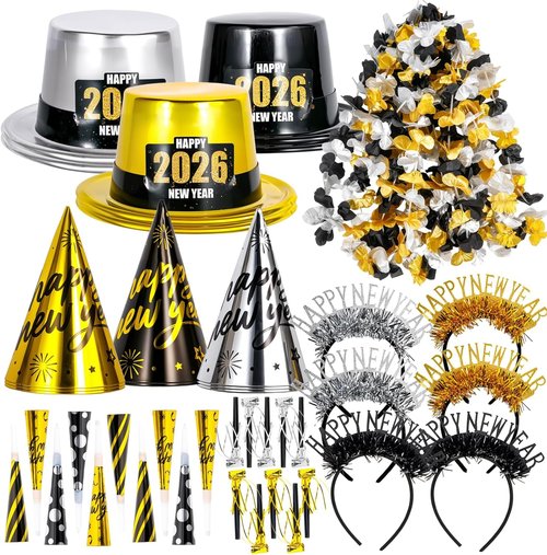 Atonofun New Year's Eve Party Supplies - 48 Pcs for 20 Guests | Hats, Horns, Headbands & Favors