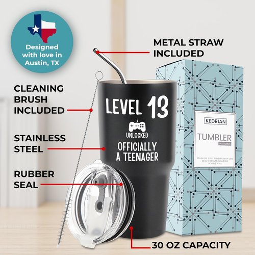 13th Birthday Tumbler 30oz, Best 13-Year-Old Boy Gift Ideas, Perfect Birthday Gifts For Teen Boys Trendy, Unique Memorable Keepsake for Him, Officially a Teenager Presents for Birthdays, Gift Ready