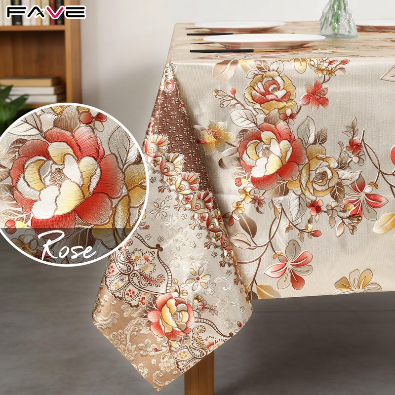 FAVE Peony Gold Tablecloths Vinyl Tablecloth for Kitchen Dining Table Wipeable PVC Tablecloth Cover for Rectangle Table for Wedding, Banquet, Birthday, Party, Restaurant Decorations（Gold,55”x87”）