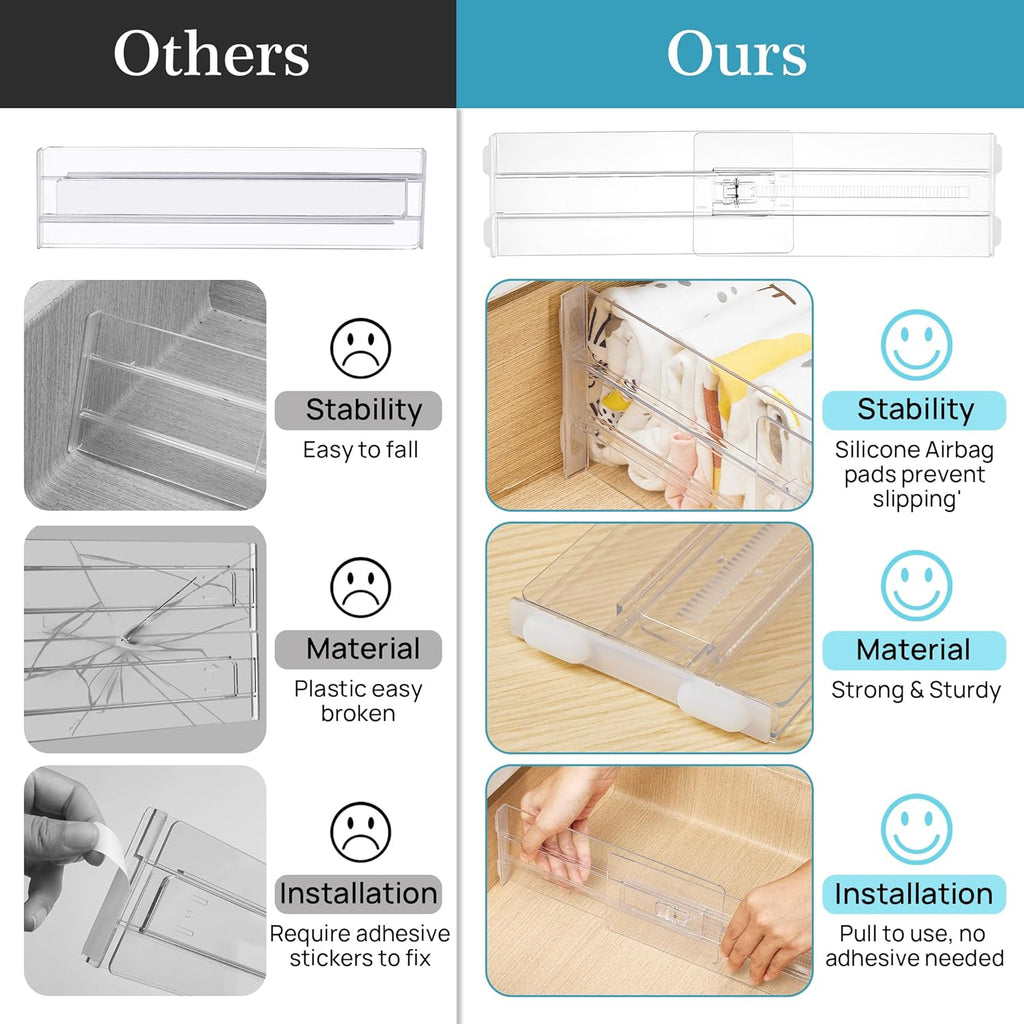 Vtopmart Drawer Dividers - 12 Pack Adjustable Organizers for Clothes | Clear Plastic, 4" High, Fits 10.2"-16.5" Drawers
