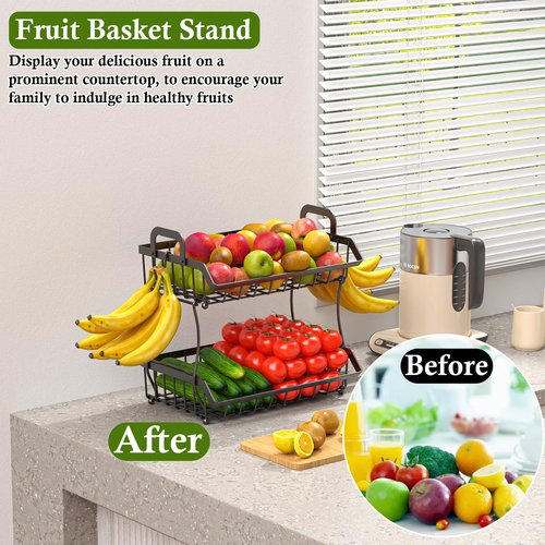 OKZEST 2-Tier Fruit Basket for Kitchen Counter with 2 Banana Hangers, Hanging Fruit Storage Basket Stand, Metal Fruit Organizer Bowl with Handles for Storage Potato Onion Bread Snack Vegetable