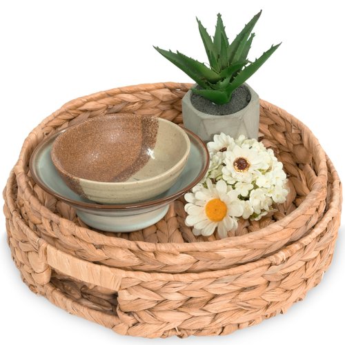 KOLWOVEN Set of 2 Round Hyacinth Trays, 12.5 and 11.5 Inch Wicker Serving Tray, Natural, KHAY-BEO-SET2