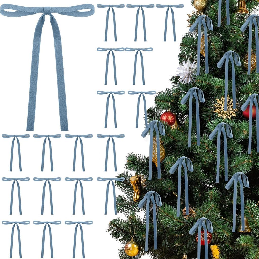 Skiennix Velvet Bows Christmas Tree Ornaments - Vintage Double-Faced Ribbon Bows | 24 Pcs, Dusty Blue (5 x 7 Inch)