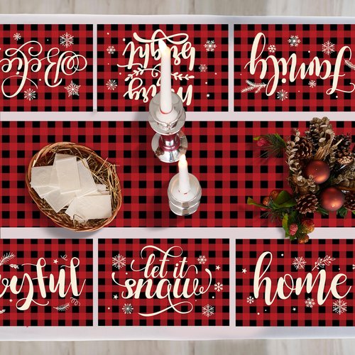 7 Pieces Christmas Table Runner and Placemats Set 13 × 72 Inch Table Runner with 12 × 18 Inch Placemats Christmas Buffalo Plaid Dining Mat for Holiday Xmas Kitchen Decor(Artsy Style)