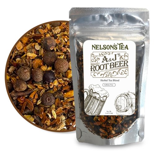 Nelson's Tea A&J's Root Beer - Cut & Sifted Sarsaparilla Root Tea Loose Leaf - Caffeine Free, Harmonious Herbal Blend of Burdock, Birch Bark, Dandelion and More (4 oz)
