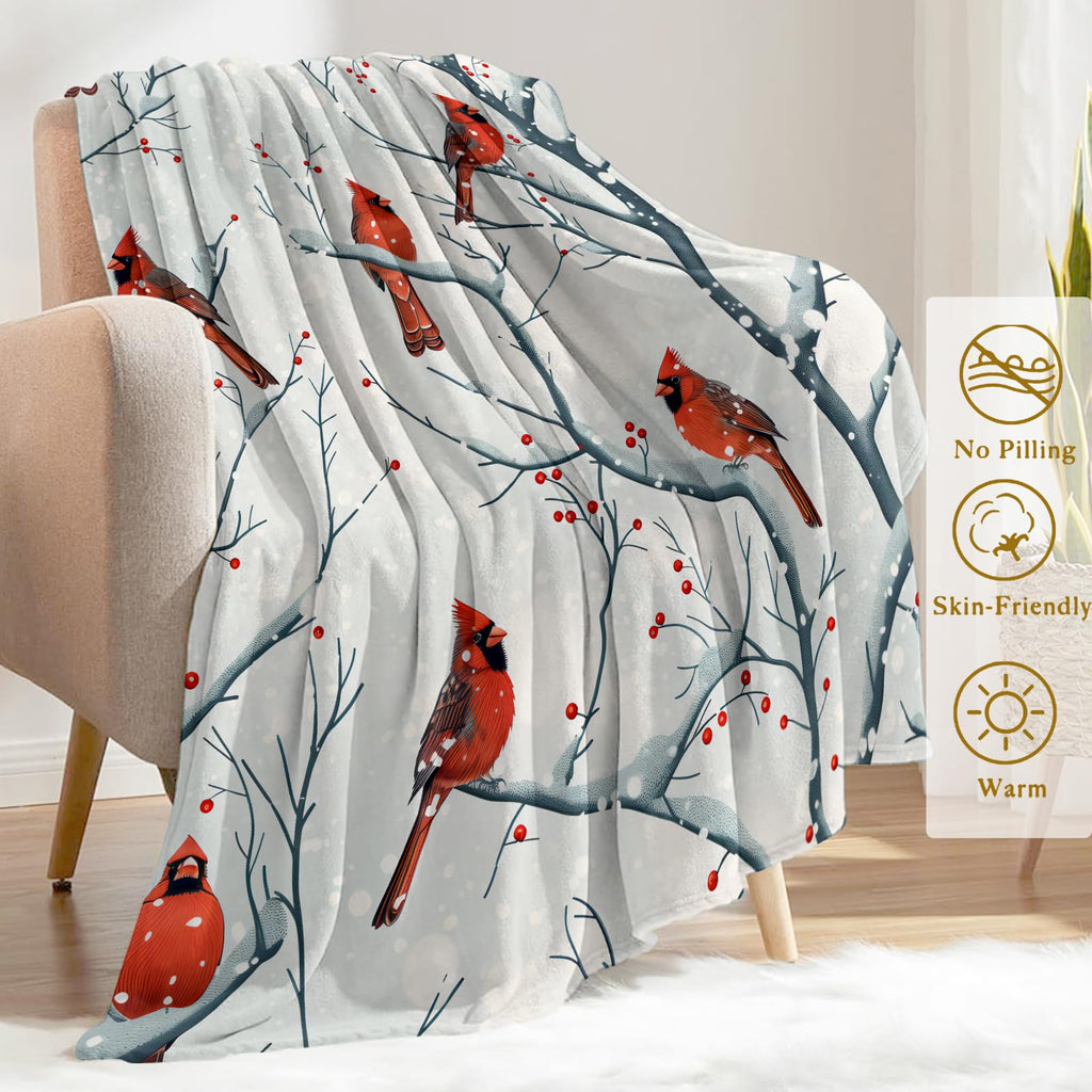 ainori Winter Cardinal Flannel Blanket - Beautiful Red Bird on Snowy Branch Throw,Gifts for Kids & Animal Lovers, Ultra Soft & Warm,Lightweight, for Couch Bedroom Living Room Decor & Travel 50x60in