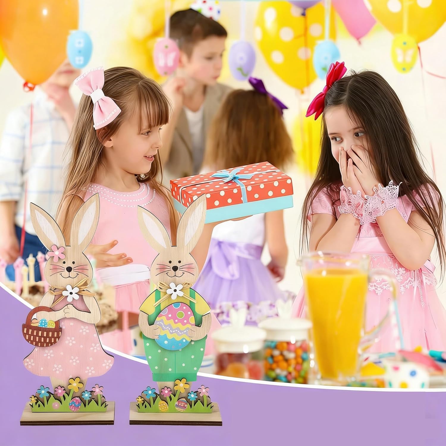 Skiennix Easter Wooden Bunny Tabletop Decorations - Colorful Standing Rabbit Figurines | Spring Centerpiece