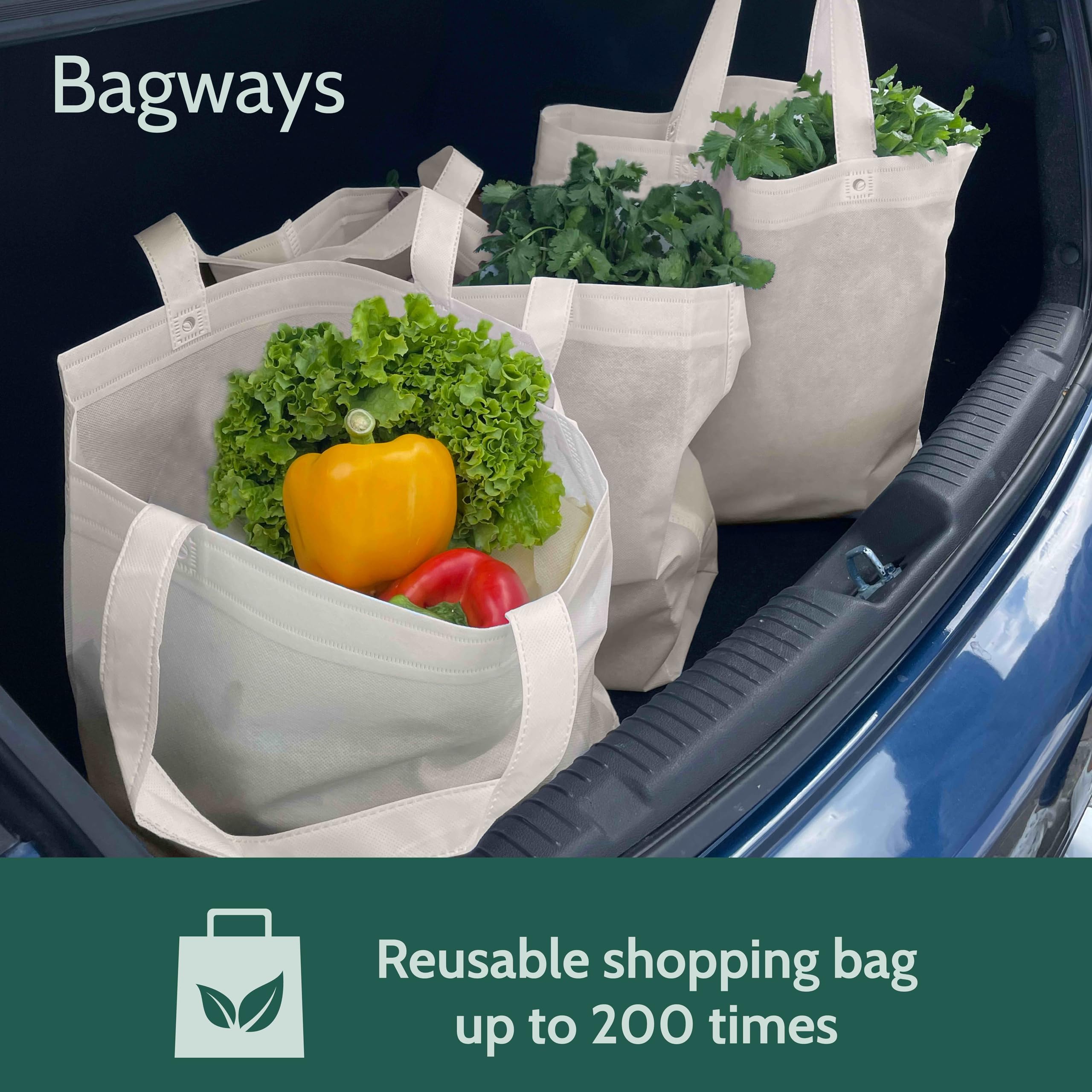 Bagways 50 PACK Reusable Grocery Bags with Handles, Durable, Foldable, Washable Eco-Friendly Shopping Totes, 14x6.5x14 Inch, Cream