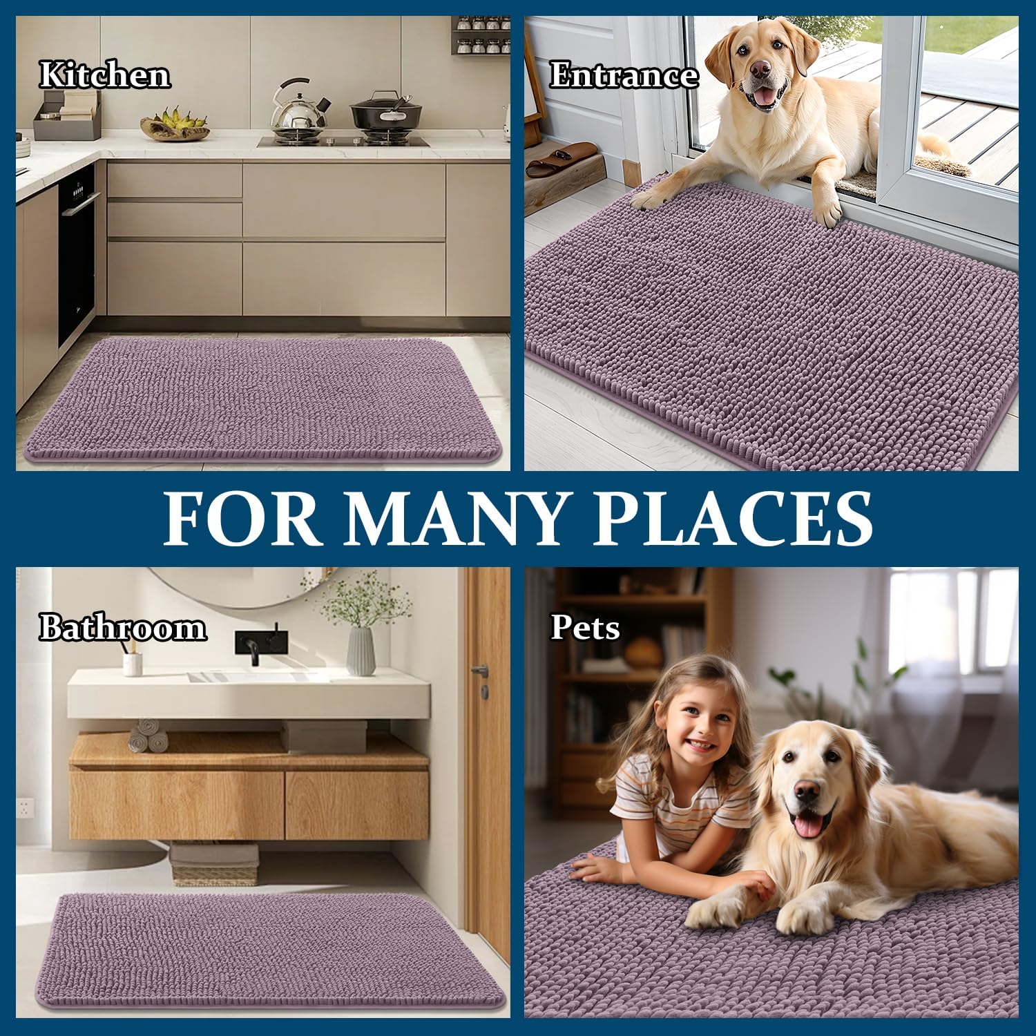 OLANLY Dog Door Mat - Absorbent Non-Slip Chenille Mat for Muddy Paws | Quick Dry, 50x30, Deep Plum