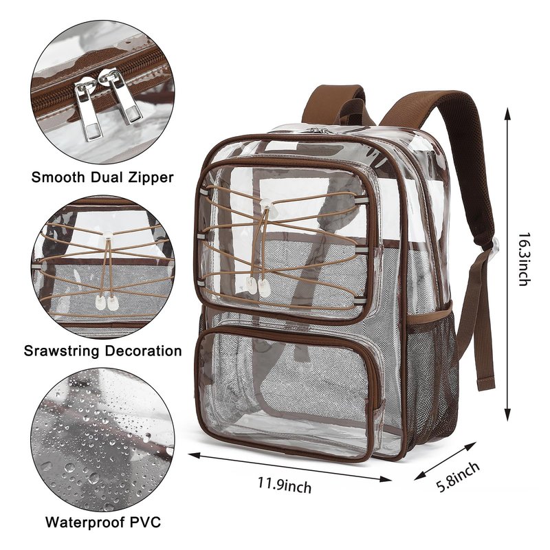 Yusudan Clear Backpack for Girls Women, Heavy Duty Transparent School Backpacks See Through PVC Bookbag for College Work Security Travel (Coffee)