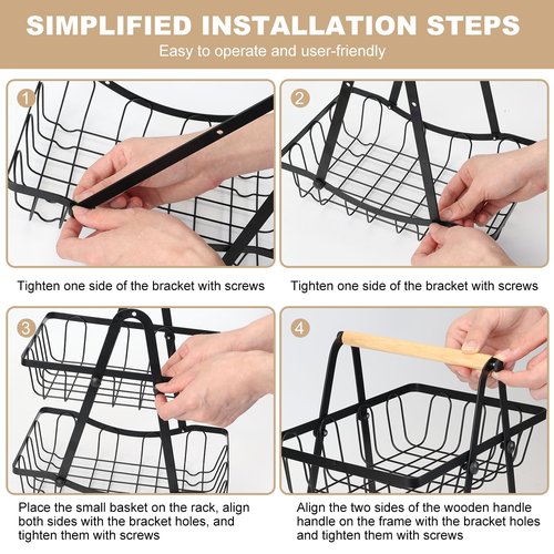 2 Tier Fruit Basket, Detachable Metal Fruit Bowl Holder Vegetable Basket Stand with Wood Handle for Kitchen Counter, Large Capacity Fruit Storage Stand Organizer for Produce Bread Snack, Black