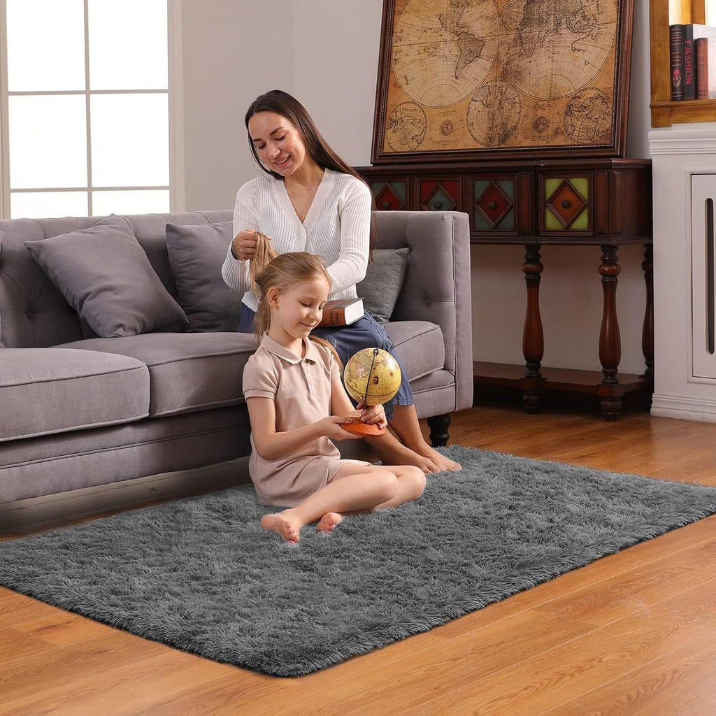 Ophanie 3x5 Non-Slip Area Rug - Fluffy Grey Carpet for Dorm Room & Bedroom Decor