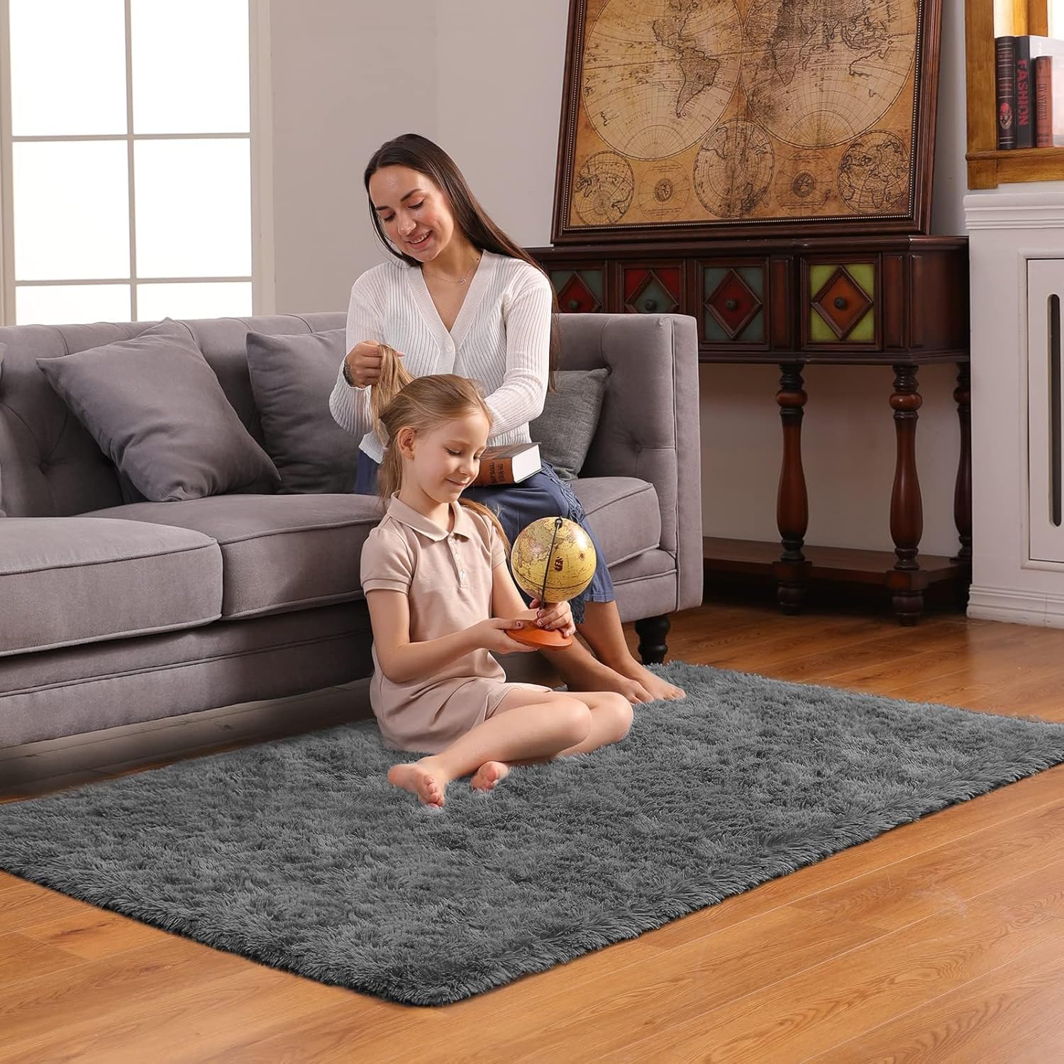 Ophanie 3x5 Non-Slip Area Rug - Fluffy Grey Carpet for Dorm Room & Bedroom Decor