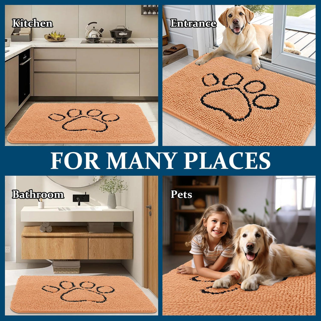 OLANLY Dog Door Mat - Absorbent Non-Slip Mud Mat for Muddy Paws | 48x30 Paw Print Design in Orange