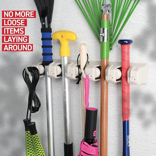 Garage Storage Organizer | Mop and Broom Holder Wall Mount by [Brand Name] - 5 Slots, 6 Hooks, 7.5lbs Capacity - Off-White for Home & Kitchen