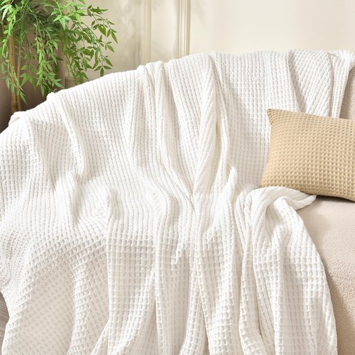 PHF 400GSM 100% Washed Cotton Waffle Weave Blanket, Cozy Breathable Skin-Friendly Throw King Size for All Season, Luxury Fall Layer for Couch Bed Sofa, Elegant Home Decor, Coconut White,104"x90"