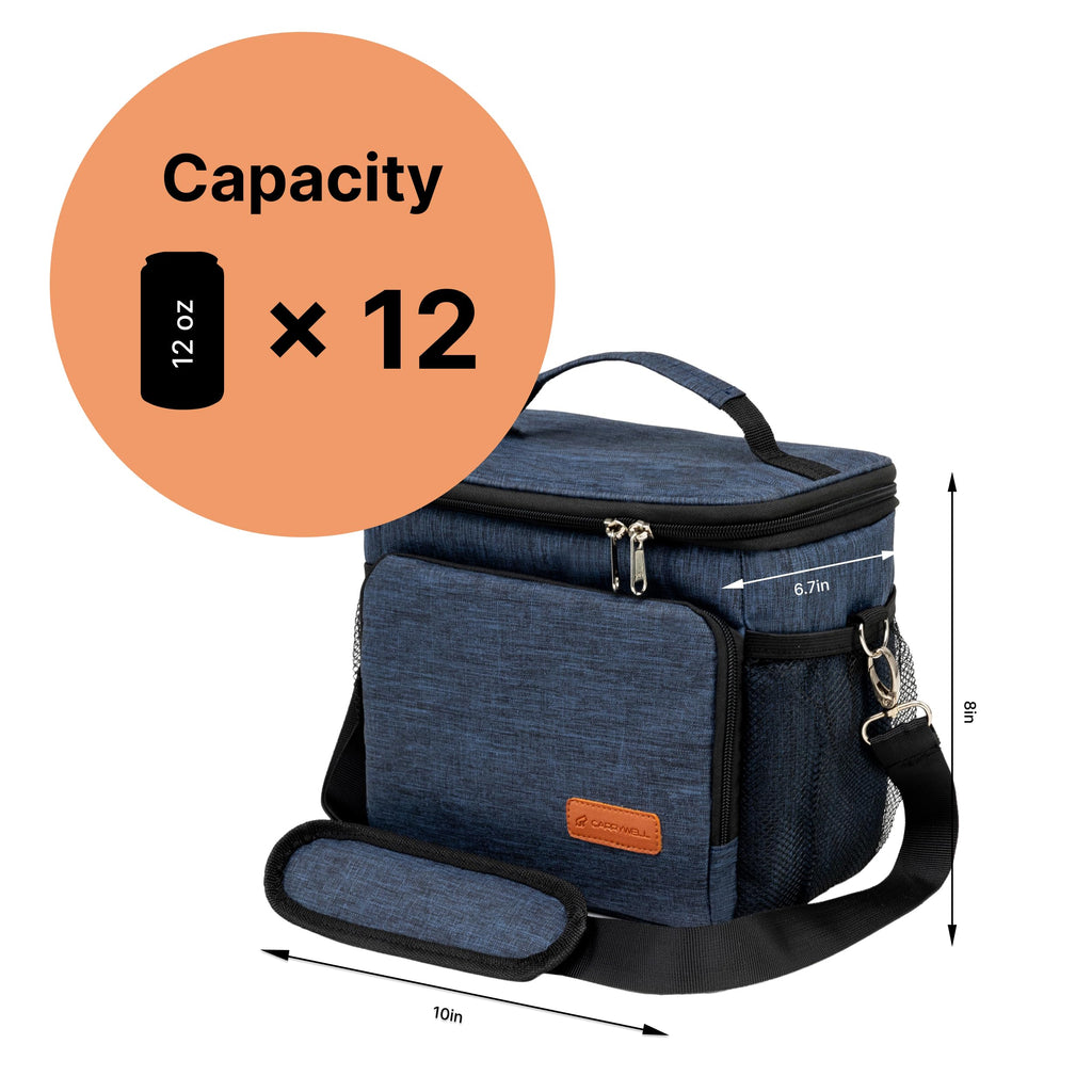 (Not Made in China) Insulated Lunch Bag, Men's Lunch Box, Leakproof, Collapsible, Soft Sided Cooler W/Adjustable Shoulder Strap (Navy Blue)