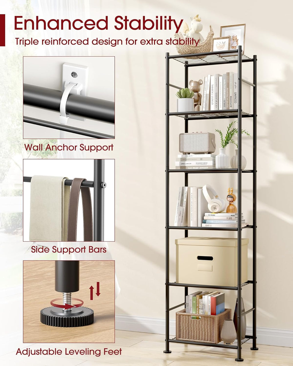Sakugi 6-Tier Metal Storage Shelves - Slim Organizer with Reinforced Bars for Kitchen & Bathroom | 18.2" x 12.5" x 70.1", Black