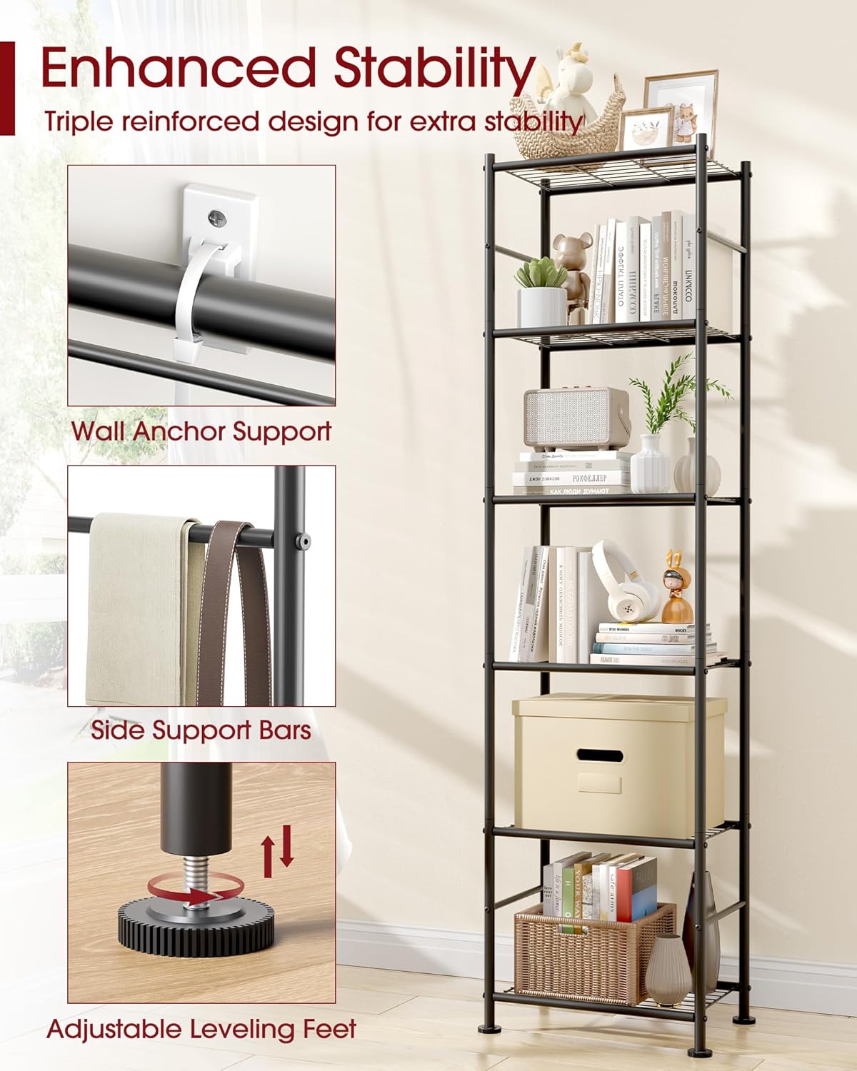 Sakugi 6-Tier Metal Storage Shelves - Slim Organizer with Reinforced Bars for Kitchen & Bathroom | 18.2" x 12.5" x 70.1", Black