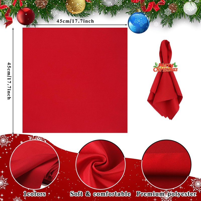 Sliner 24 Pcs Christmas Napkins and Ring Set 12 Pcs Red Washable Christmas Napkins Cloth and 12 Pcs Xmas Napkin Rings Holder for Holiday Dinner Party(Metal,Letter, Christmas tree)