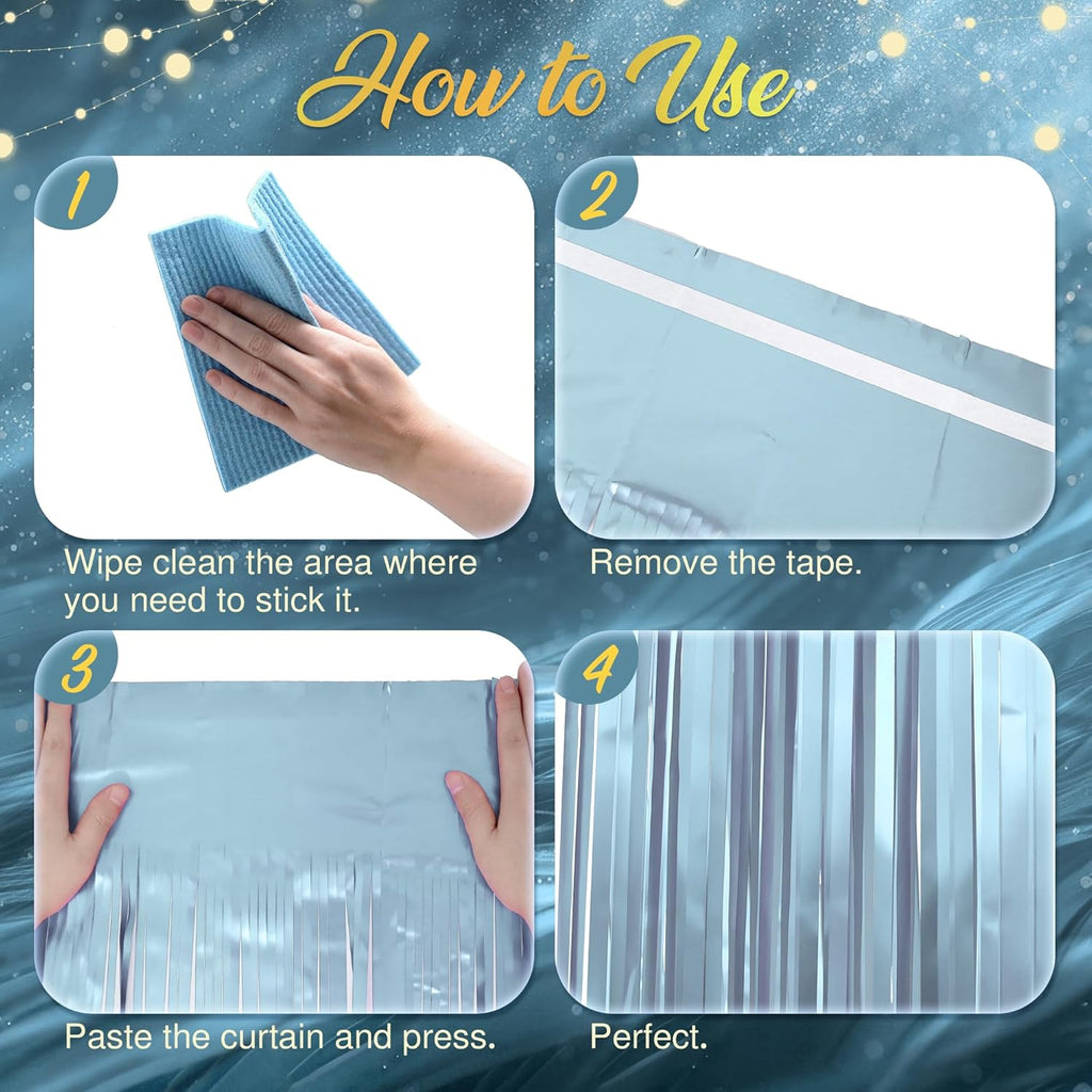 Skiennix Metallic Light Blue Fringe Backdrop - 3.2x8.2ft Shining Foil Tinsel Curtains for Parties & Events