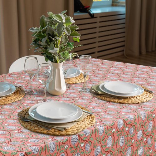 Newtay 60'' x 90'' Cotton Tablecloth Handmade Cotton Floral Tablecloth Washable Print Rectangle Table Cover with Dust Proof Wrinkle Resistant for Kitchen Dining Party Buffet (Pink,Dark Salmon)