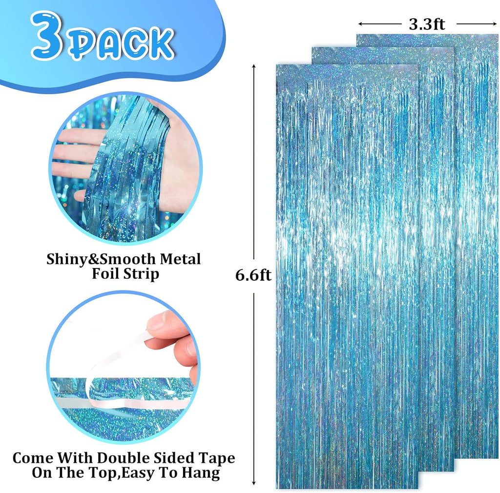 Voircoloria Foil Fringe Backdrop Curtains - Tinsel Streamers for Birthday, Baby Shower & Graduation | 3.3 x 6.6 ft, Light Blue