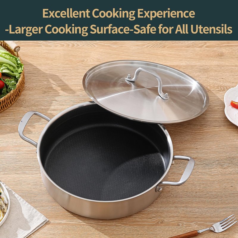Yeksum Deep Frying Pan with Lid, 6 Quart Tri-Ply Hybrid Nonstick Stainless Steel Saute Pan, Compatible with All Cooktops Up to 600℉,12inch Saute Pan with Lid, Fast even Heat cookware, Rondeau Pot