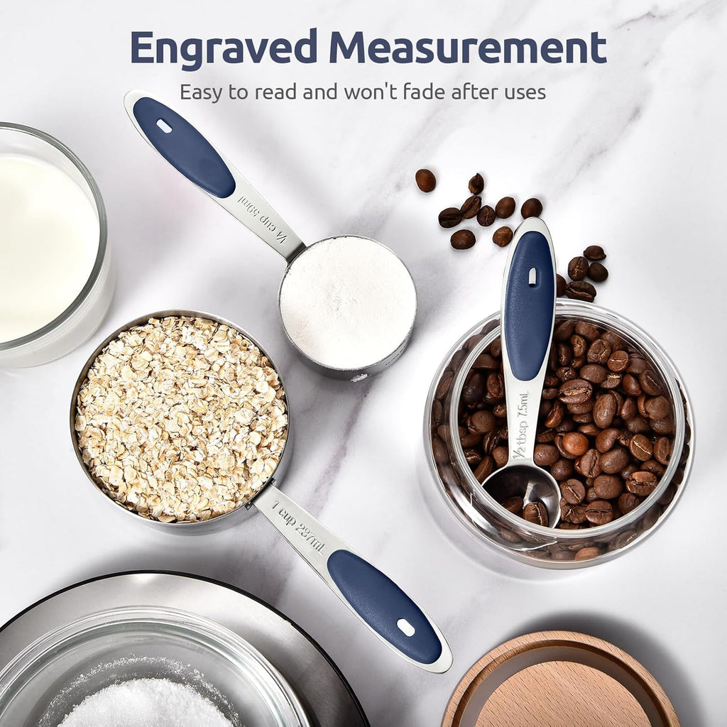 U-Taste Measuring Cups and Spoons Set - Food Grade 18/8 Stainless Steel | 10-Piece Set with Upgraded Handle (Midnight Blue)