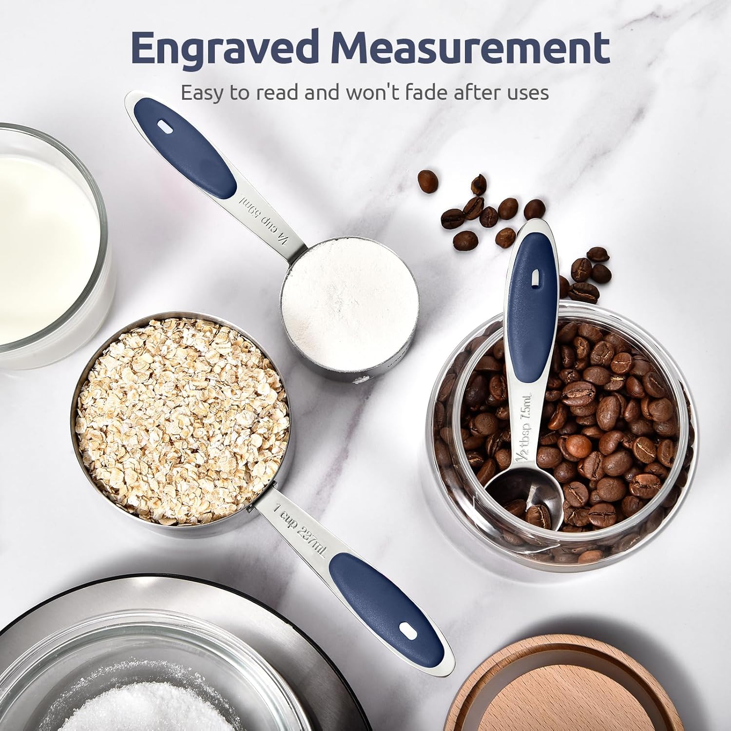 U-Taste Measuring Cups and Spoons Set - Food Grade 18/8 Stainless Steel | 10-Piece Set with Upgraded Handle (Midnight Blue)