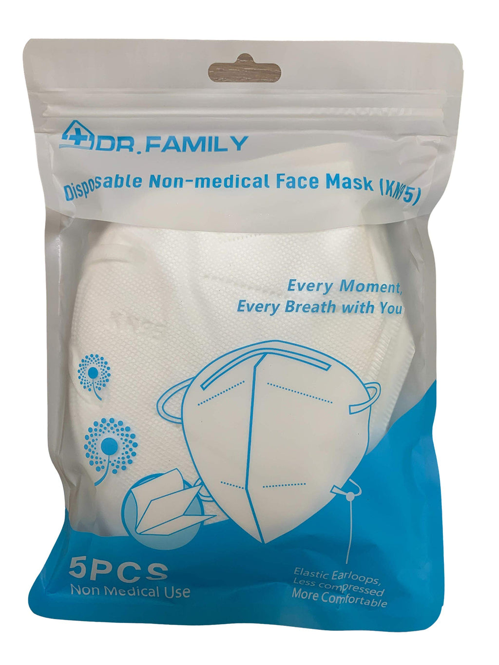 Dr. Family KN95 Face Masks, 5 Pack, Breathable, Light Weight, Comfortable 5-Layer Disposable Mask, Secure Fit, Perfect for Adults and Teens, Filter Efficiency ≥95%