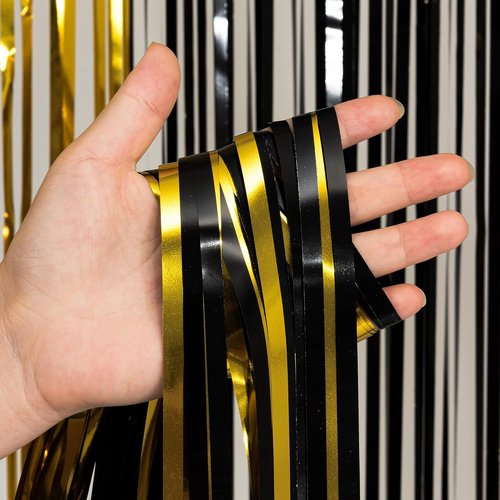 GREATRIL Black and Gold Party Streamers - Foil Fringe Backdrop for NYE, Anniversaries & More | 3.2ft x 8.2ft - 2 Packs