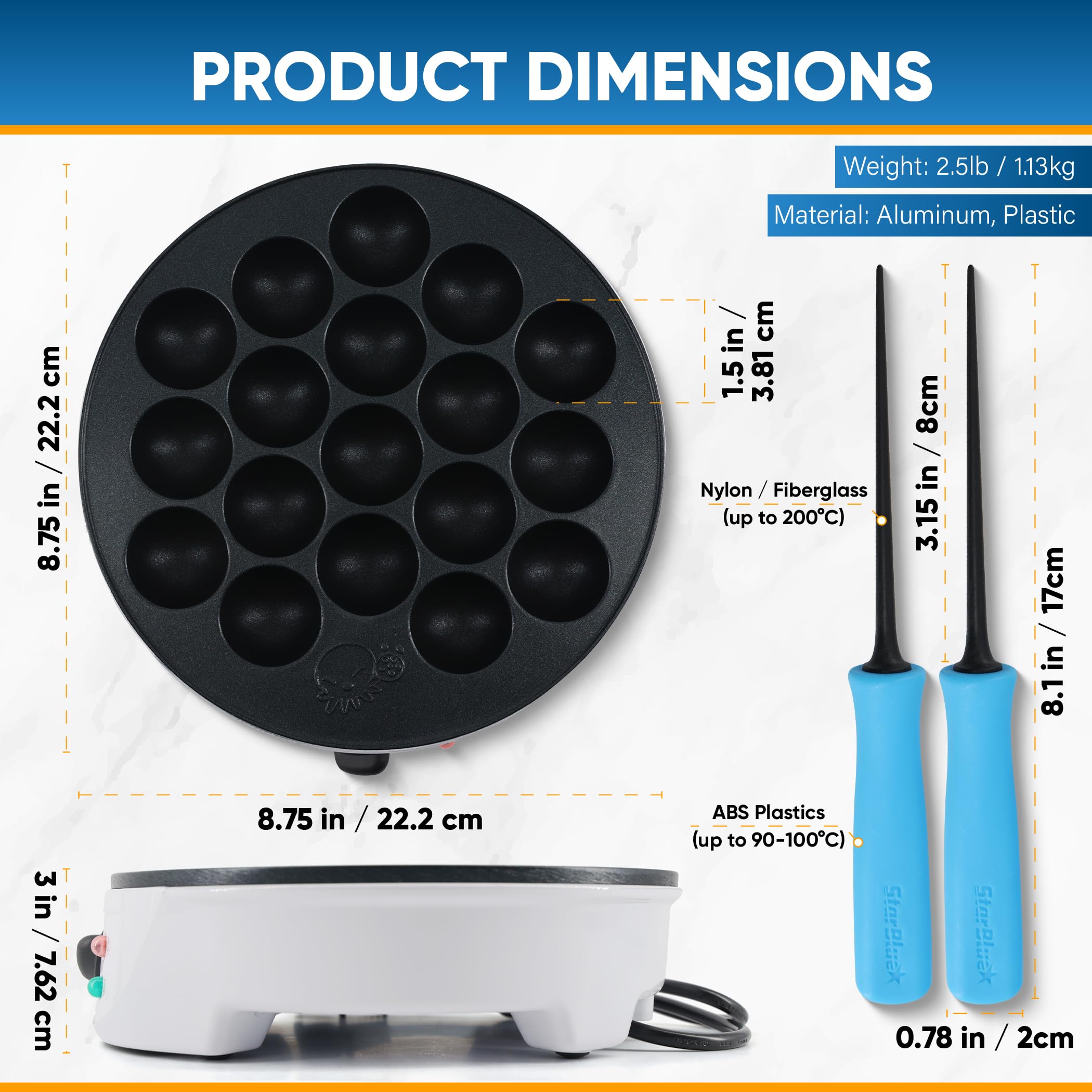 Takoyaki Maker Machine by StarBlue with FREE Takoyaki Picks - Temperature Control 18 Holes Electric Japanese Octopus Balls Pan with Nonstick Surface 120V 60Hz 700W