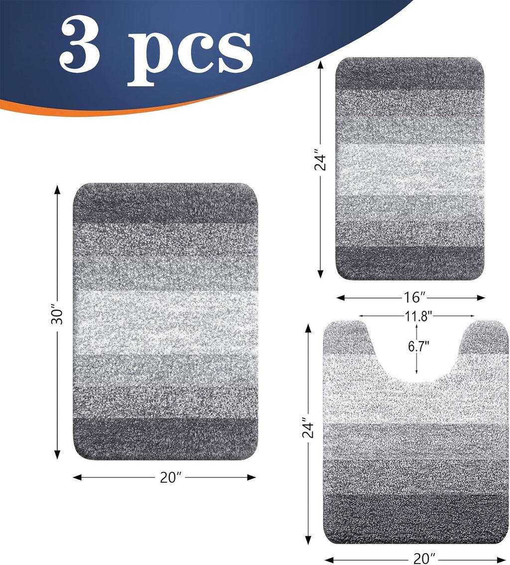 OLANLY 3-Piece Bathroom Rug Set - Soft Absorbent Microfiber Mats & U-Shaped Contour Rug | Plush Grey (30"x20"+24"x16"+24"x20")