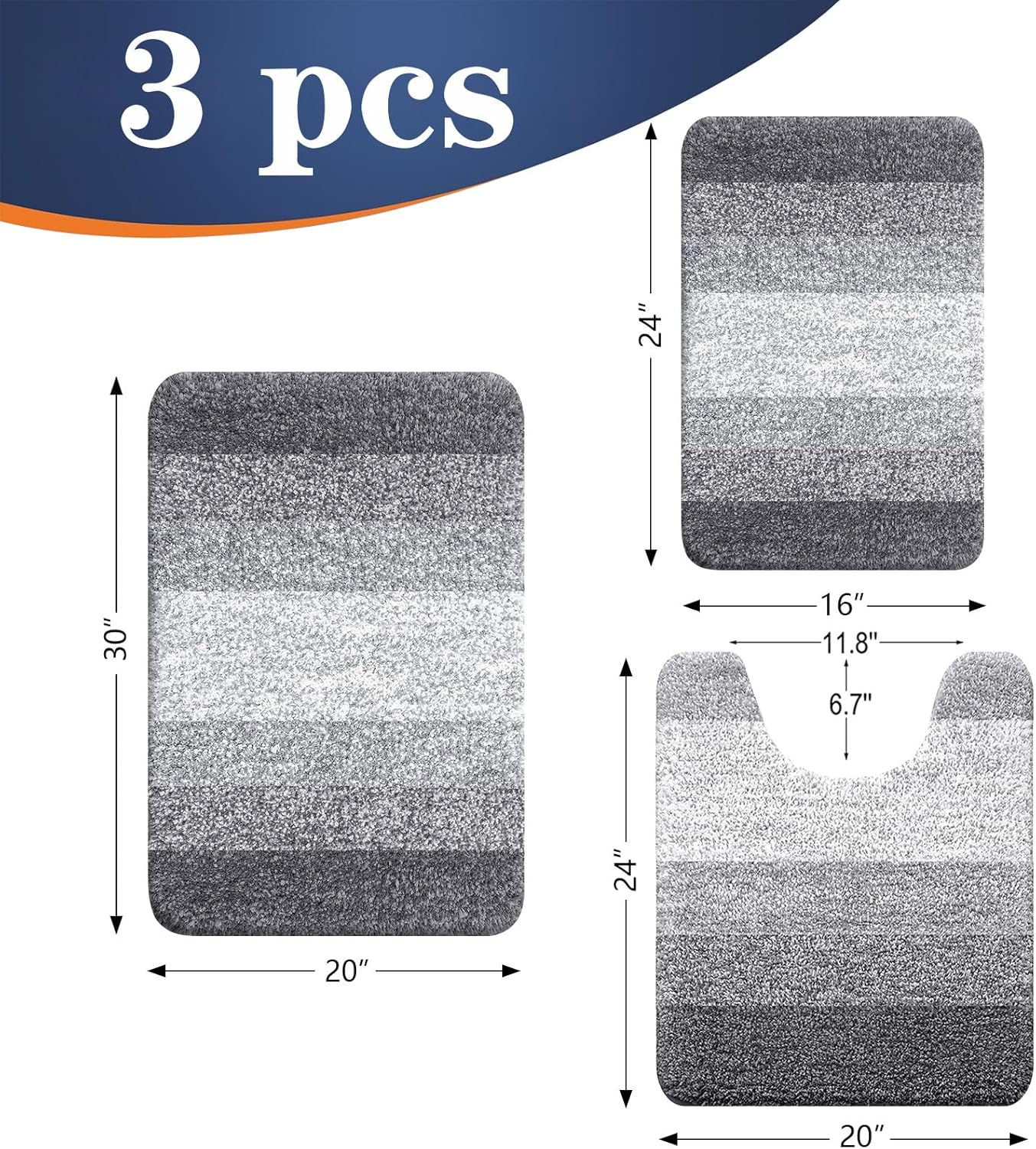 OLANLY 3-Piece Bathroom Rug Set - Soft Absorbent Microfiber Mats & U-Shaped Contour Rug | Plush Grey (30"x20"+24"x16"+24"x20")