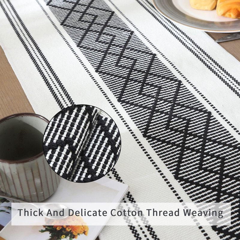LUFEIJIASHI Woven Table Runners Farmhouse Style,Boho Table Runners 90 inches Long with Tassels Elegant Washable Table Runners for Dining Room ,Wedding,Holiday,Party Table Decor (14.5x90inch, Black)