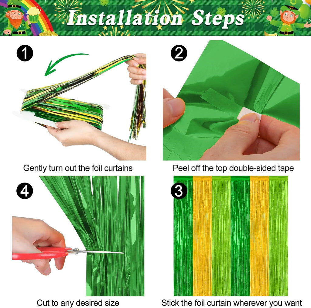 St. Patrick's Day Party Decorations - 2 Pack Green & Gold Metallic Backdrop Curtains | 3.28 FT x 7.05 FT