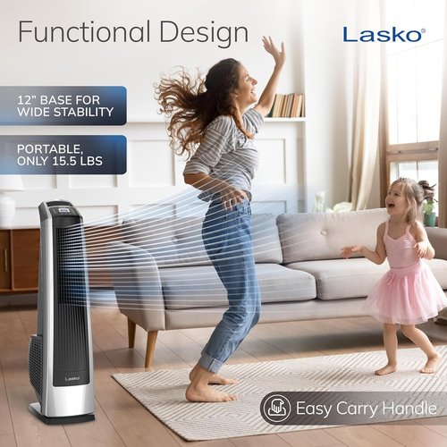 Lasko High Velocity Oscillating Tower Fan - Remote Control, Timer, 3 Speeds | 35" Silver/Black