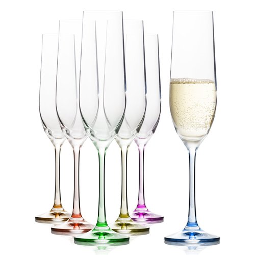 Crystalex Rainbow Champagne Flute Set of 6, Bohemia Crystal Champagne Glasses Stemmed For Prosecco, Mimosas or Cocktails, Lead-Free 190 ML (6.42 Oz)