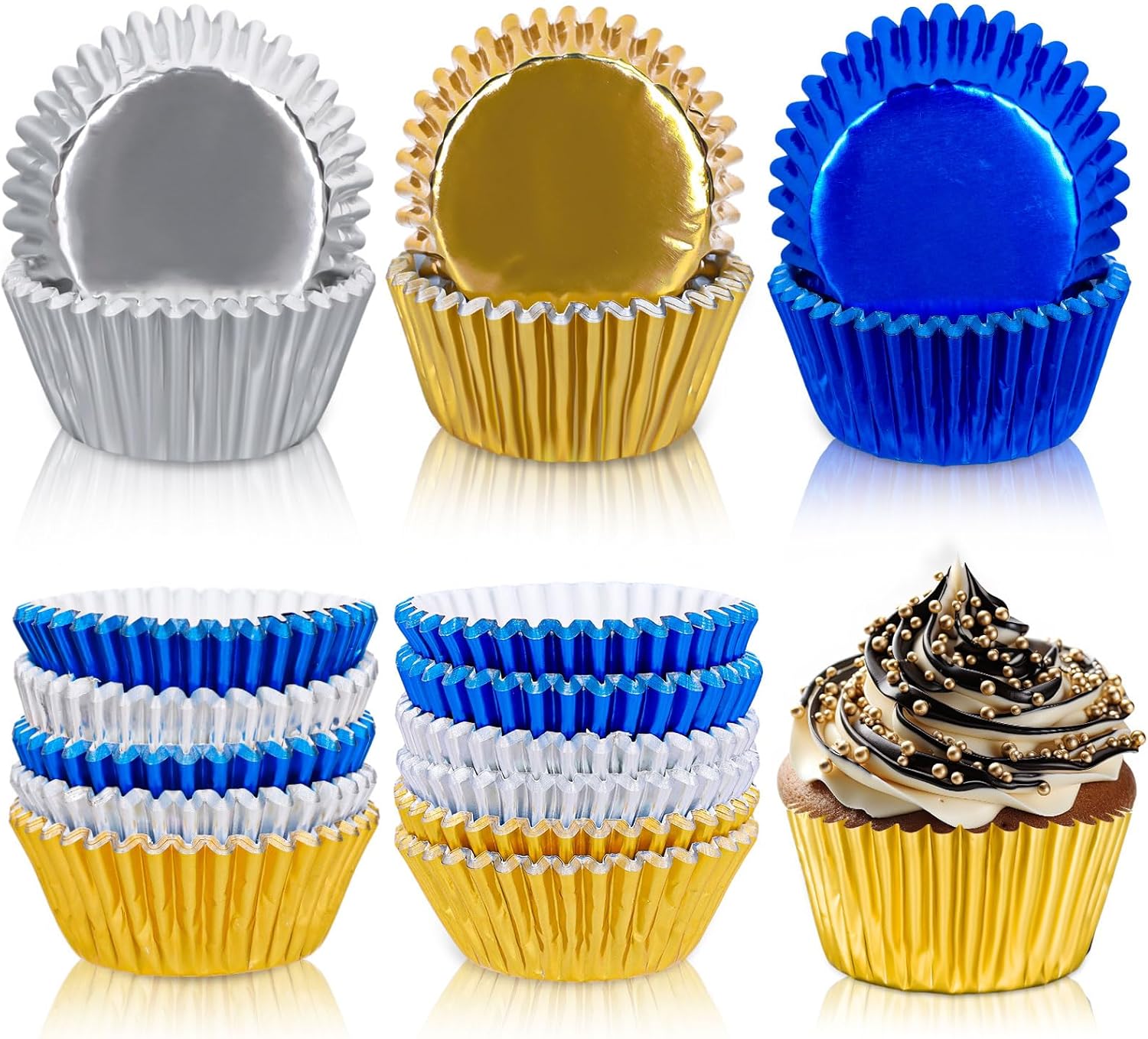 Whaline Graduation Foil Cupcake Liners - 150Pcs Blue Silver Gold Metallic Baking Cups for Parties