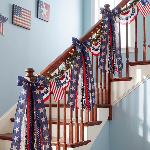 Large Patriotic Wreath by Americana | 8-Ribbon Star Bow with Metal Clip - Red, White & Blue Decor