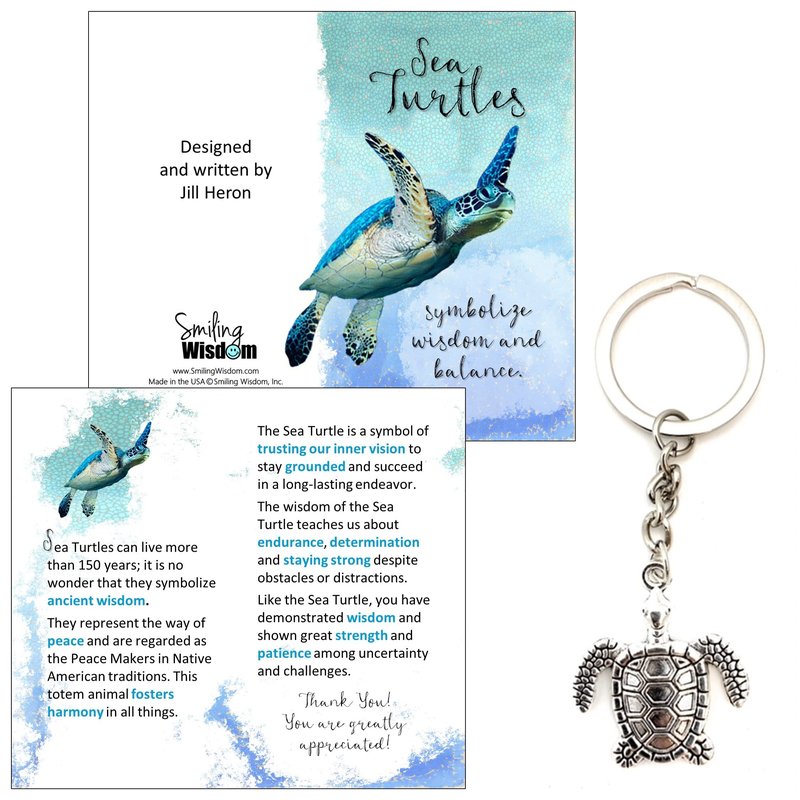 Smiling Wisdom | 20 Bulk Employee Staff Gifts | Mini Appreciation Greeting Cards and Turtle Keychain Gift Sets | 60 Pcs | Silver Sea Turtle