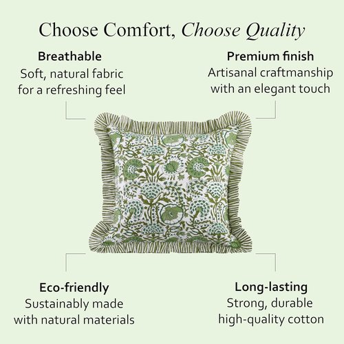 CPC Block Print Ruffle Throw Pillow Covers - Agate Green 16"x16" | 100% Cotton Boho Decorative Cases for Living Room & Bedroom