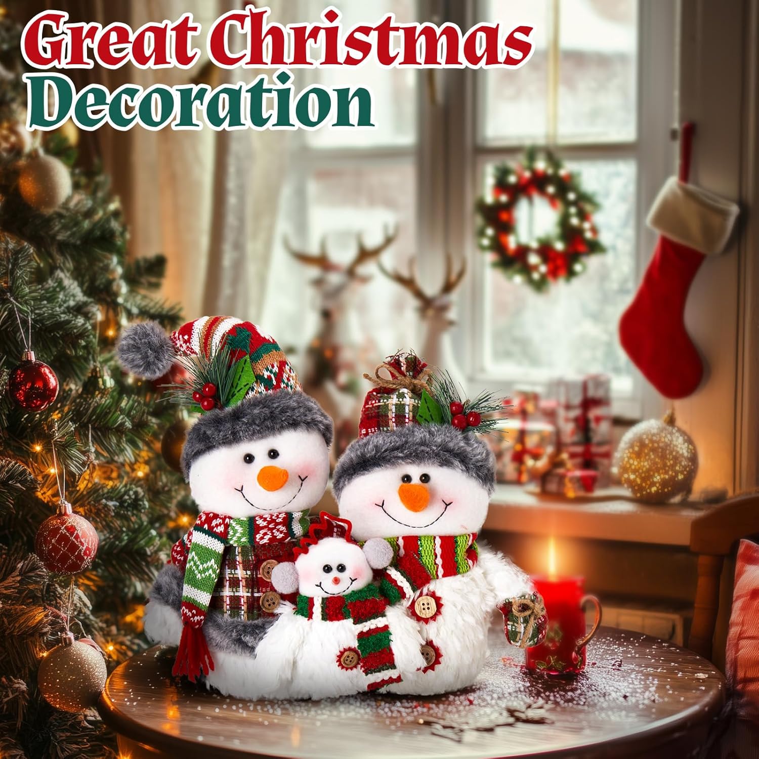 WEWILL 12'' Christmas Snowman Figurine - Cozy Family Decor for Holiday Tabletop & Tree