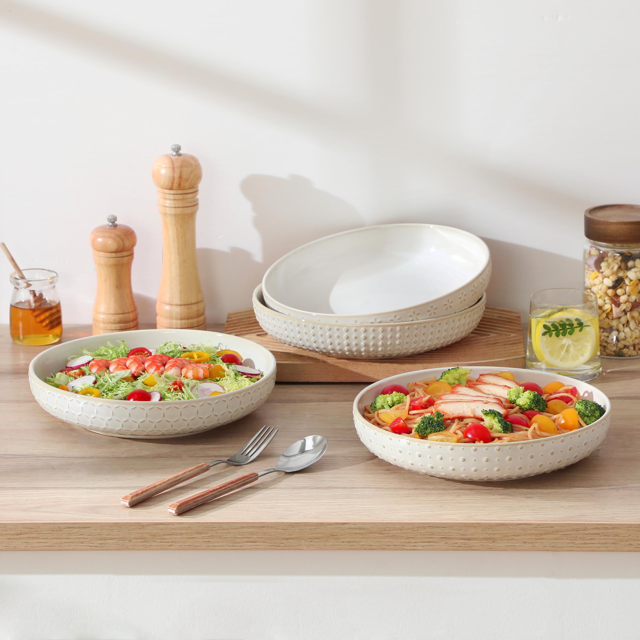 MALACASA Pasta Bowls 48 Oz, 9.5 Inch Large Salad Bowls, Modern Relief Design Ceramic Serving Bowls, Wide and Shallow Plates Pasta Plates, Microwave & Dishwasher Safe, Set of 4, Series LYDIA