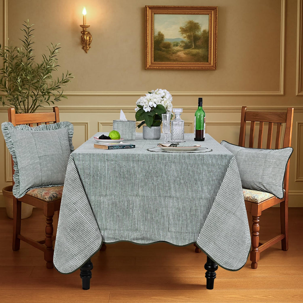 Ridhi Forest Green Stripe Block Print 70x108 Rectangle Tablecloth Table Cover for Dining Tables, Handcrafted Farmhouse Kitchen Decor, Washable, Decorative Tablecloths for Spring, Easter, Valentine