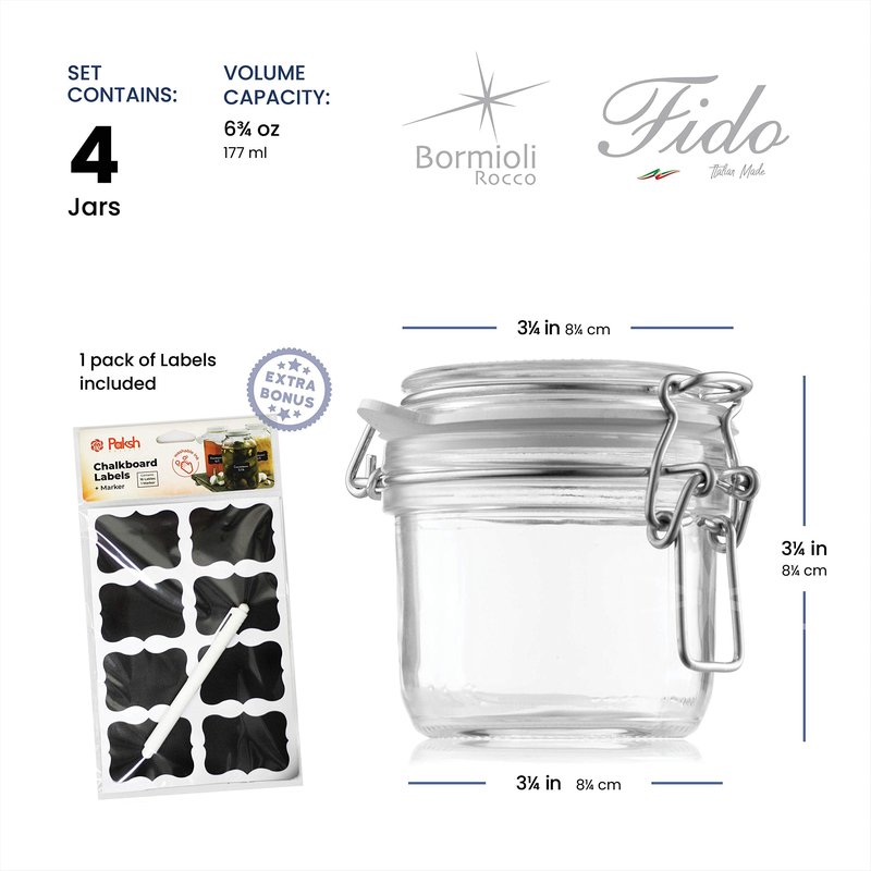 Bormioli Rocco Glass Fido Jars - Hermetic Sealed Hinged Airtight Lid for Fermenting, Pantry, Kitchen Storage Jars, Bulk Food Storage Containers, With Paksh Chalkboard Labels (2 Pack) (6 3/4 Ounce (4 Pack))