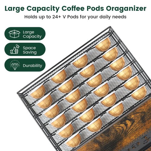 seaflash Coffee Bar Organizer, Station Mug Holder for Countertop, Multi-Functional 3 Tier Coffee Cup Tree Rack for Kitchen, Storage Shelf with 10 Hooks, Vertuo Pods Drawer for Home Office