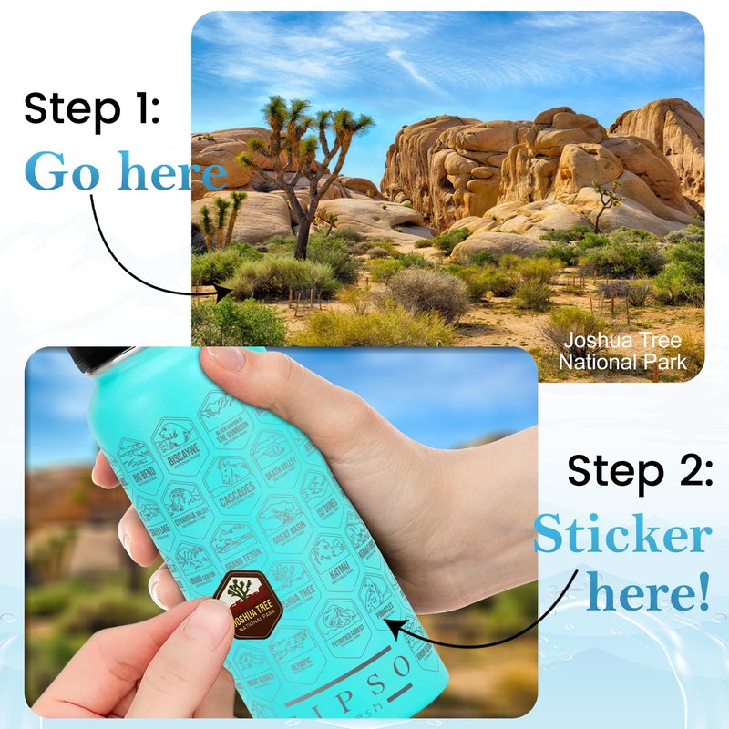 SIPSO fresh Hiking Gift Water Bottle – 32 oz Vacuum Insulated Stainless Steel National Park Water Bottle | 63 Waterproof Stickers & Premium Gift Box | Camping & Outdoor Adventure Gifts (Turquoise)